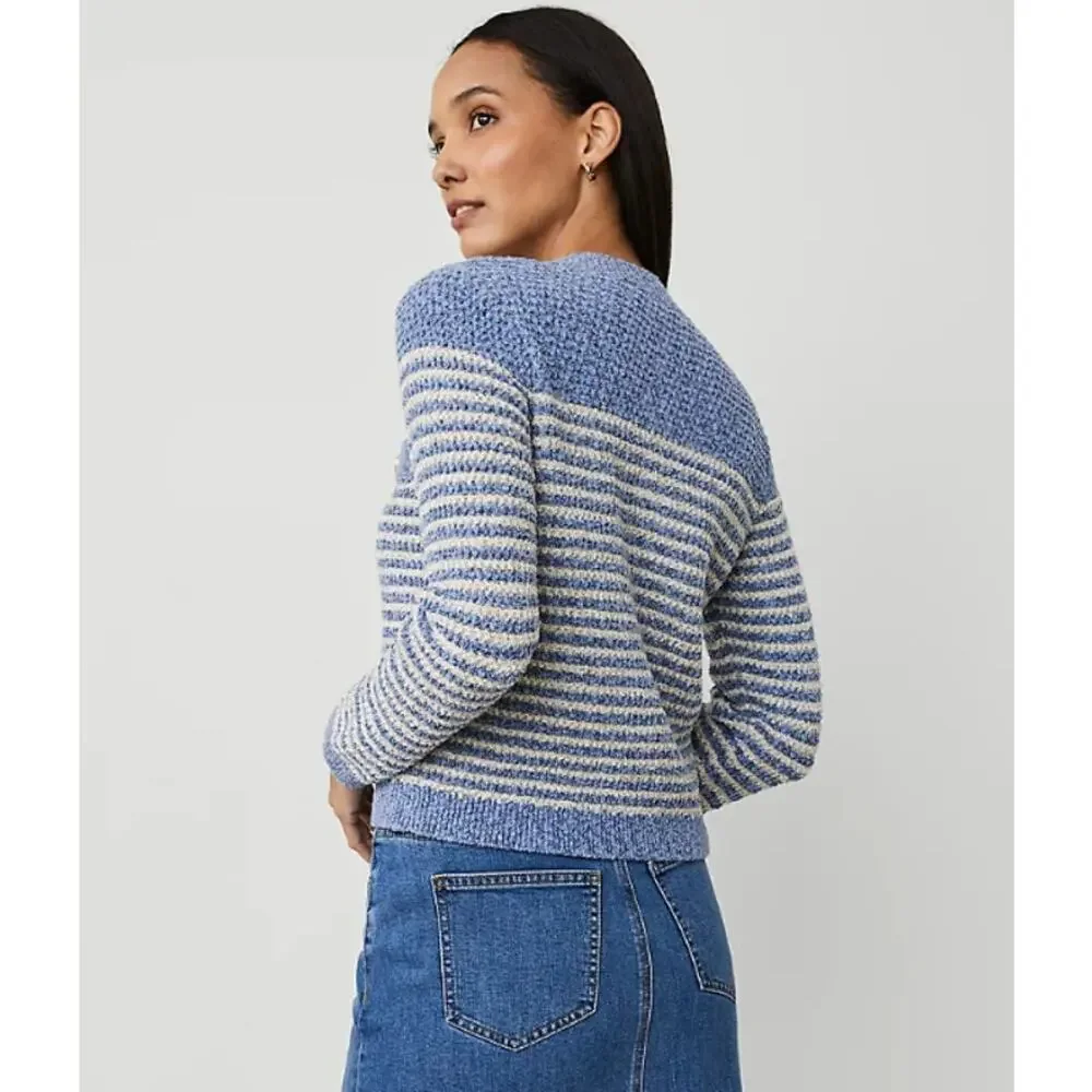 Ann Taylor Denim Striped Cardigan Gold Button Sweater Jacket Metallic Blue White - Picture 4 of 13